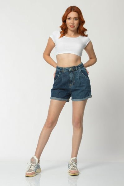 WhatsUp Yüksek Bel Denim Kadın Şort  - Lacivert