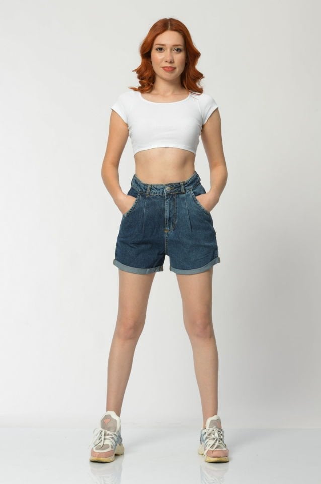 WhatsUp Yüksek Bel Denim Kadın Şort  - Lacivert