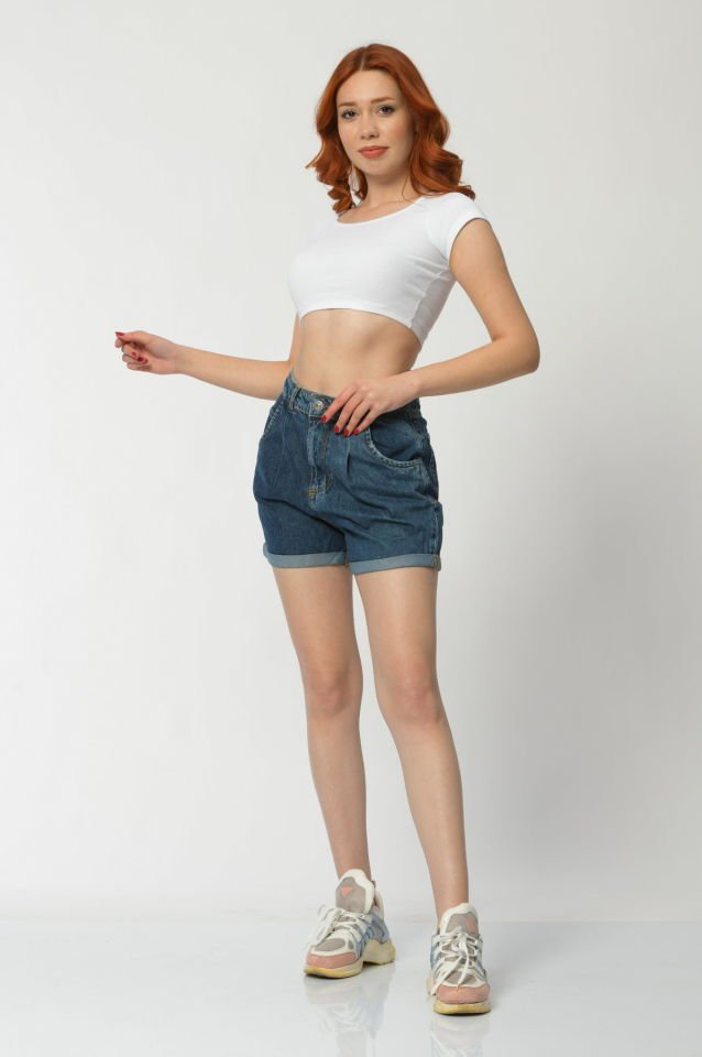 WhatsUp Yüksek Bel Denim Kadın Şort  - Lacivert