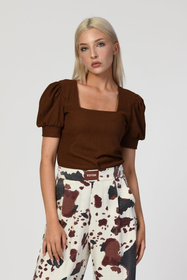 Big Dart Kare Yaka Örme Bluz   - Kahverengi