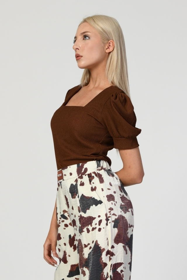 Big Dart Kare Yaka Örme Bluz   - Kahverengi