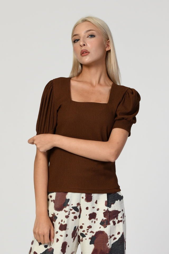 Big Dart Kare Yaka Örme Bluz   - Kahverengi