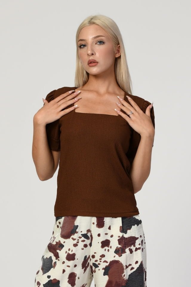 Big Dart Kare Yaka Örme Bluz   - Kahverengi