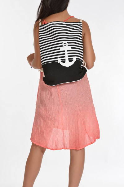 Çapalı Çizgili Su Geçirmez Askılı Plaj Çantası Siyah