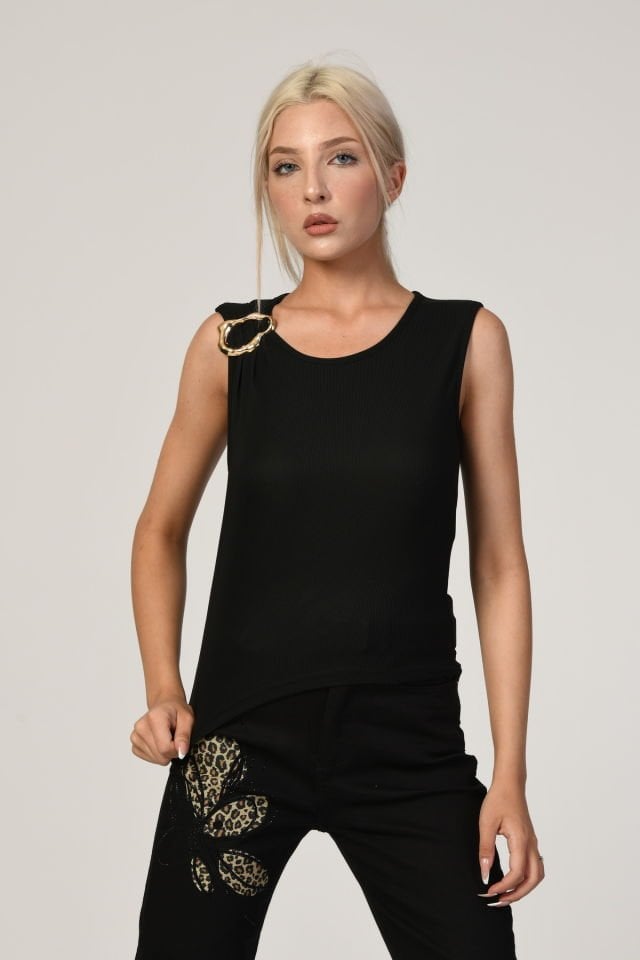 Big Dart Omzu Gold Taş Detaylı Bluz  - Siyah