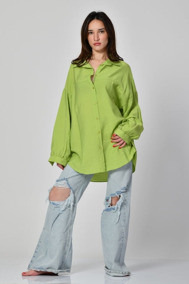 Big Dart Uzun Oversize Gömlek  - Fıstık Yeşili
