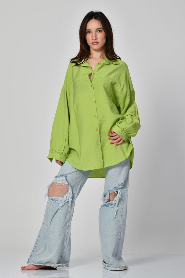 Big Dart Uzun Oversize Gömlek  - Fıstık Yeşili