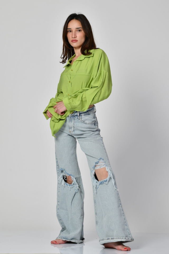 Big Dart Uzun Oversize Gömlek  - Fıstık Yeşili