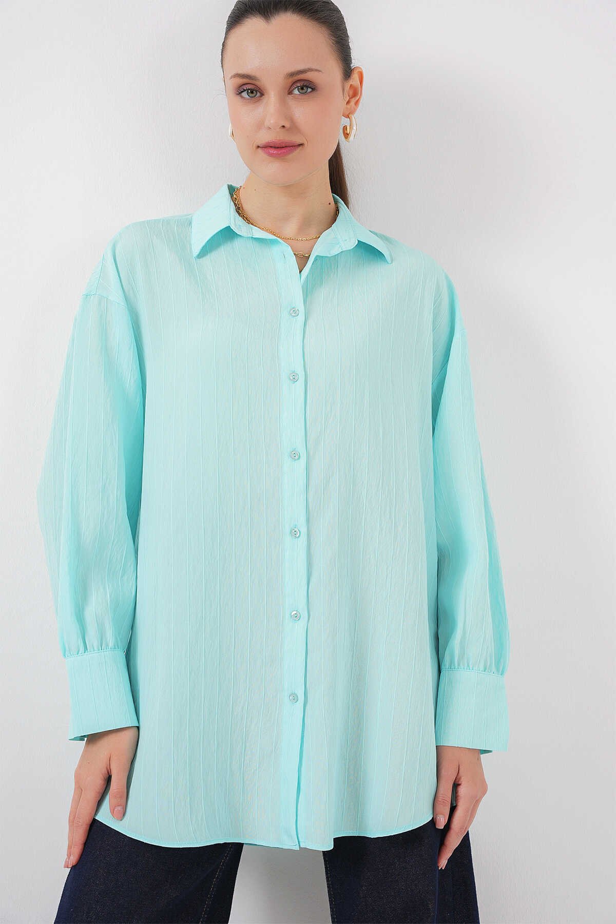 Big Dart Çizgili Oversize Gömlek  - Turkuaz