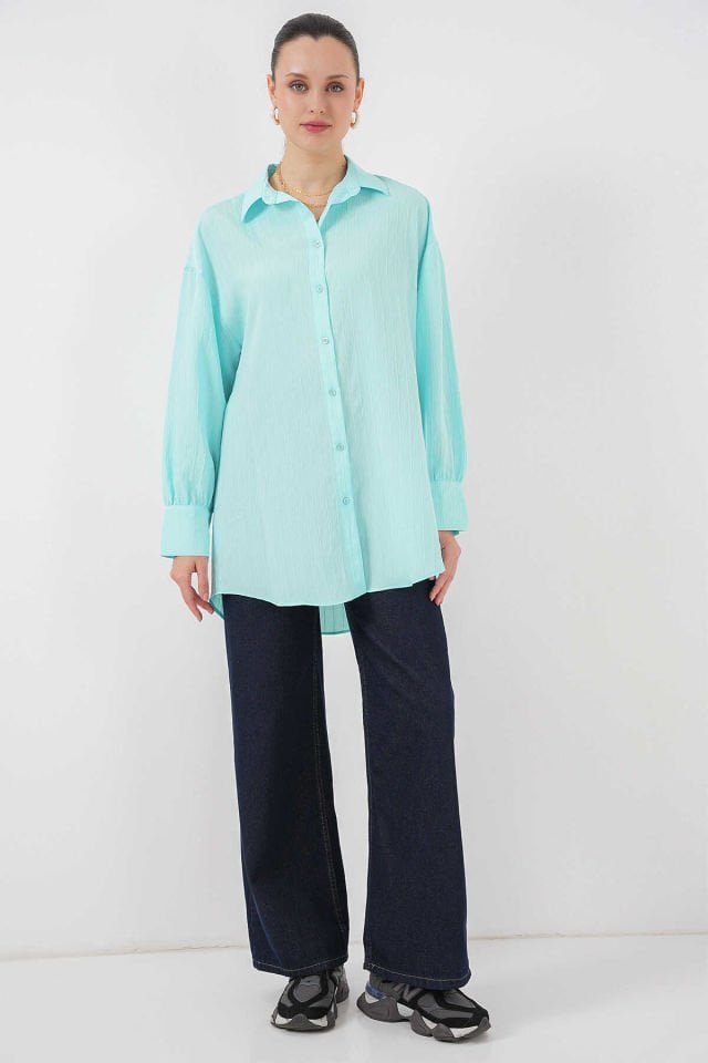 Big Dart Çizgili Oversize Gömlek  - Turkuaz