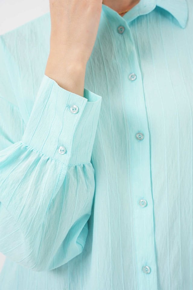 Big Dart Çizgili Oversize Gömlek  - Turkuaz