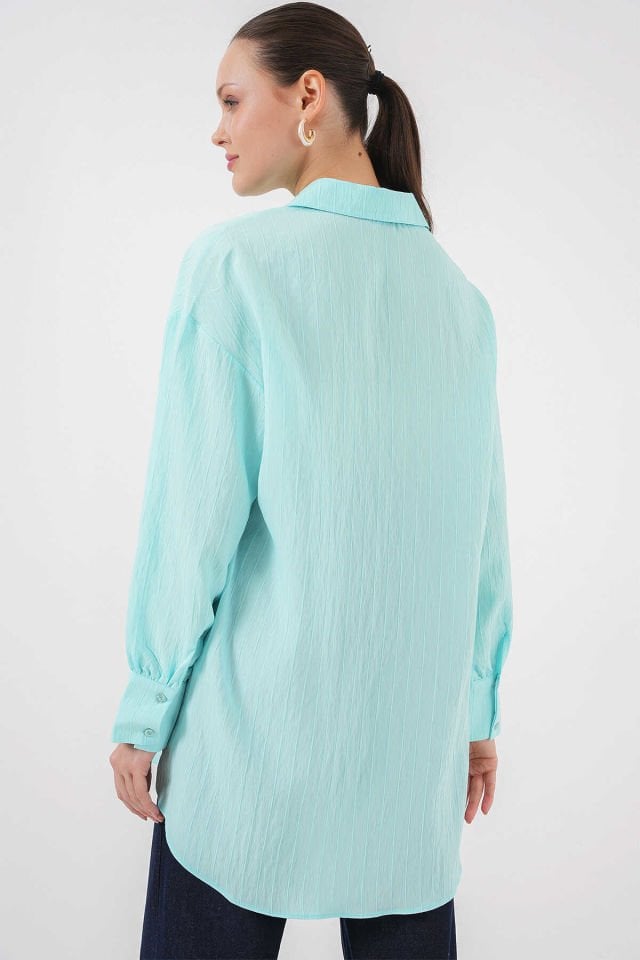 Big Dart Çizgili Oversize Gömlek  - Turkuaz