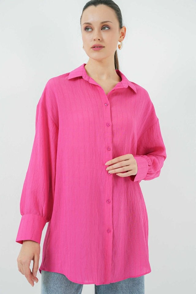 Big Dart Çizgili Oversize Gömlek  - Fuşya