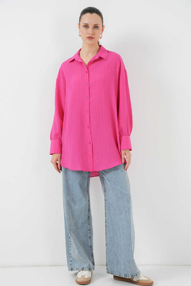 Big Dart Çizgili Oversize Gömlek  - Fuşya