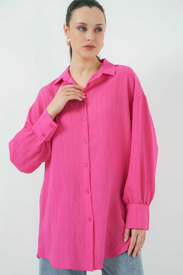 Big Dart Çizgili Oversize Gömlek  - Fuşya