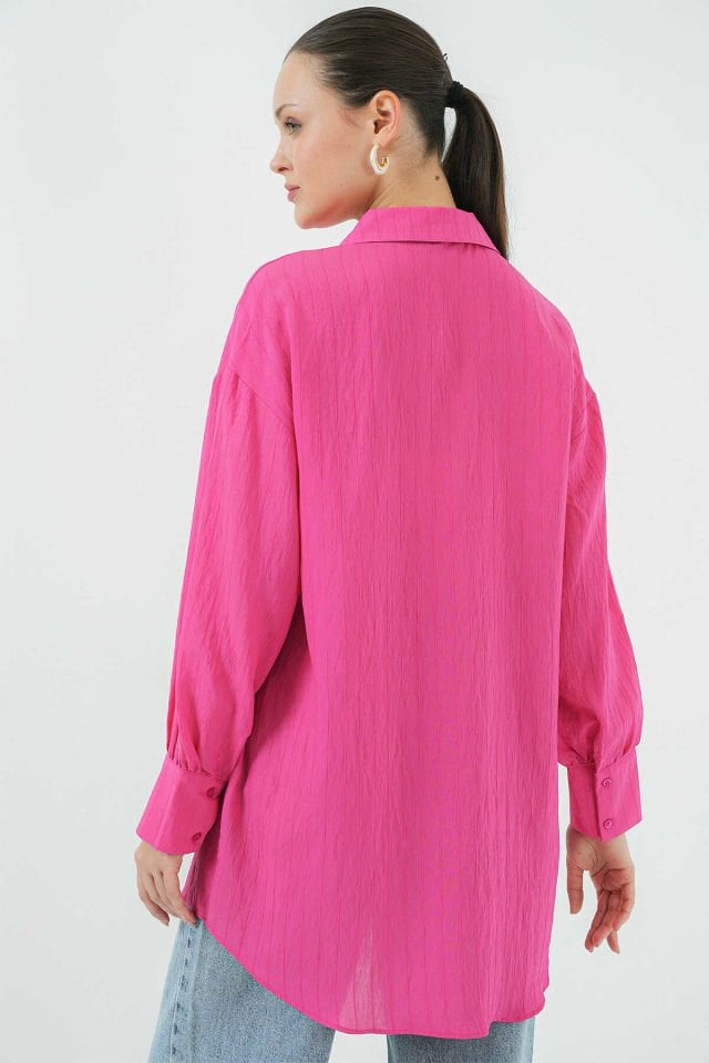 Big Dart Çizgili Oversize Gömlek  - Fuşya