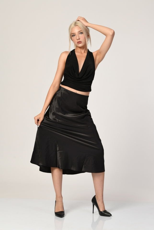 Big Dart Yüksek Bel Saten Etek  - Siyah