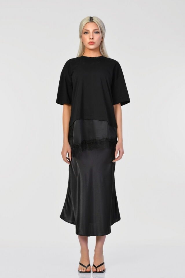 Big Dart Yüksek Bel Saten Etek  - Siyah