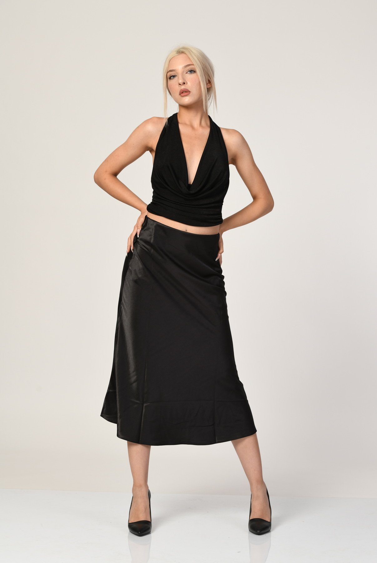 Big Dart Yüksek Bel Saten Etek  - Siyah