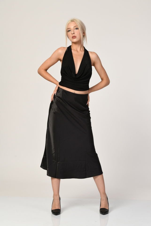 Big Dart Yüksek Bel Saten Etek  - Siyah