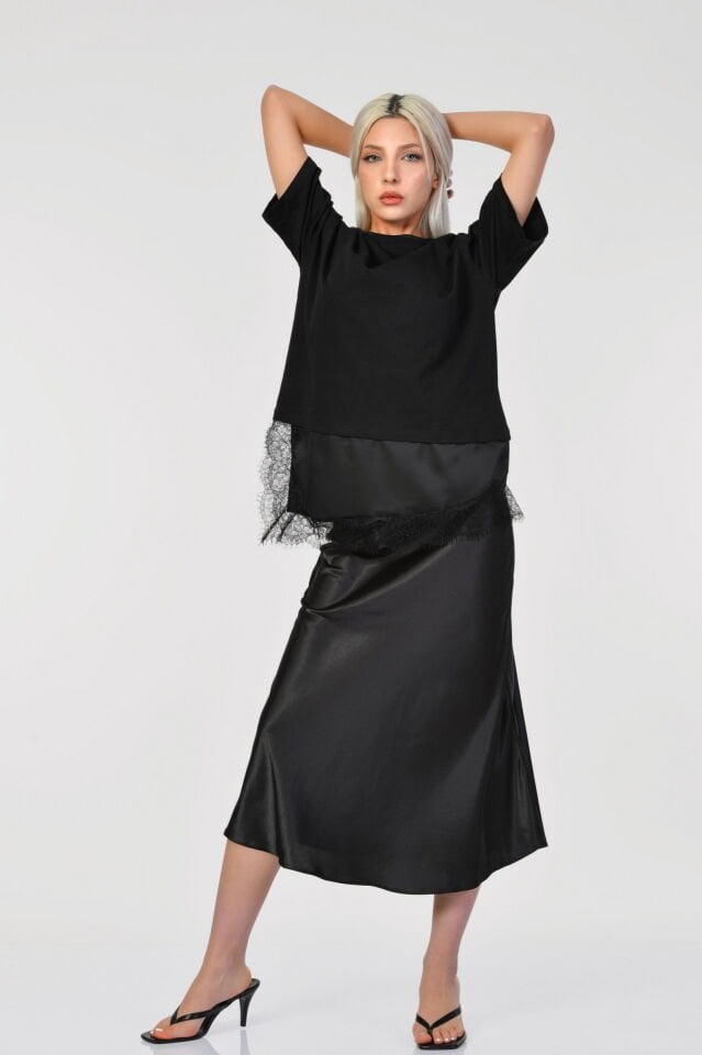 Big Dart Yüksek Bel Saten Etek  - Siyah
