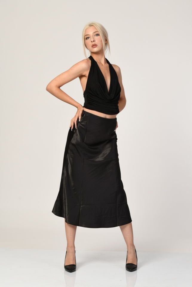 Big Dart Yüksek Bel Saten Etek  - Siyah
