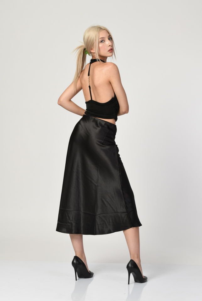 Big Dart Yüksek Bel Saten Etek  - Siyah