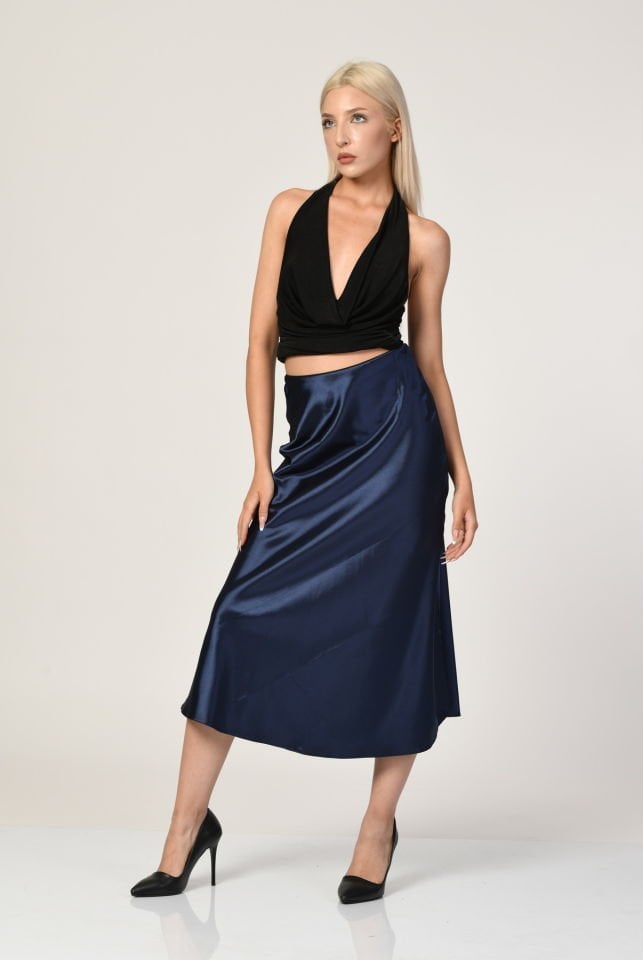 Big Dart Yüksek Bel Saten Etek  - Lacivert