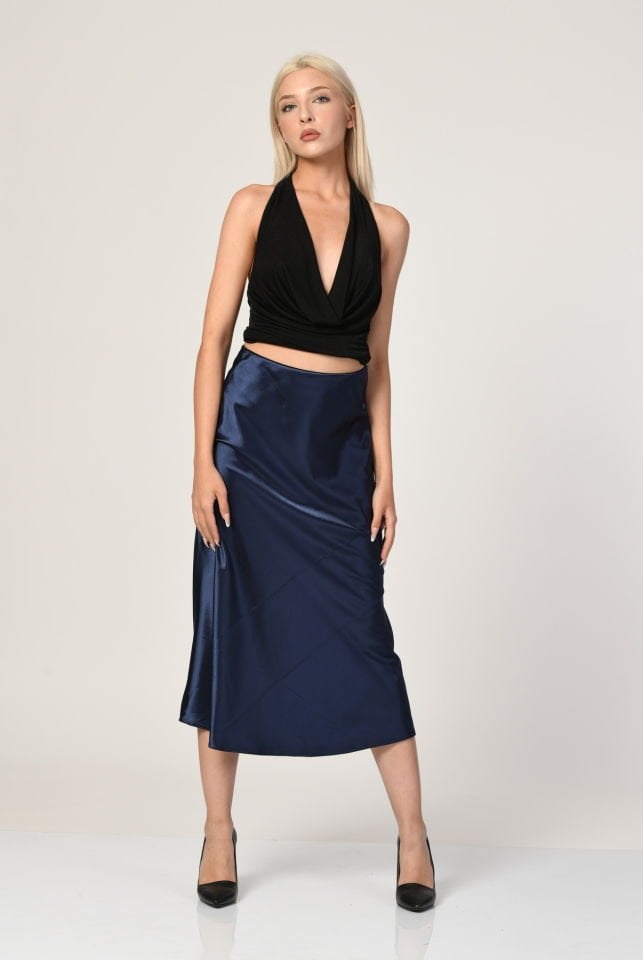 Big Dart Yüksek Bel Saten Etek  - Lacivert