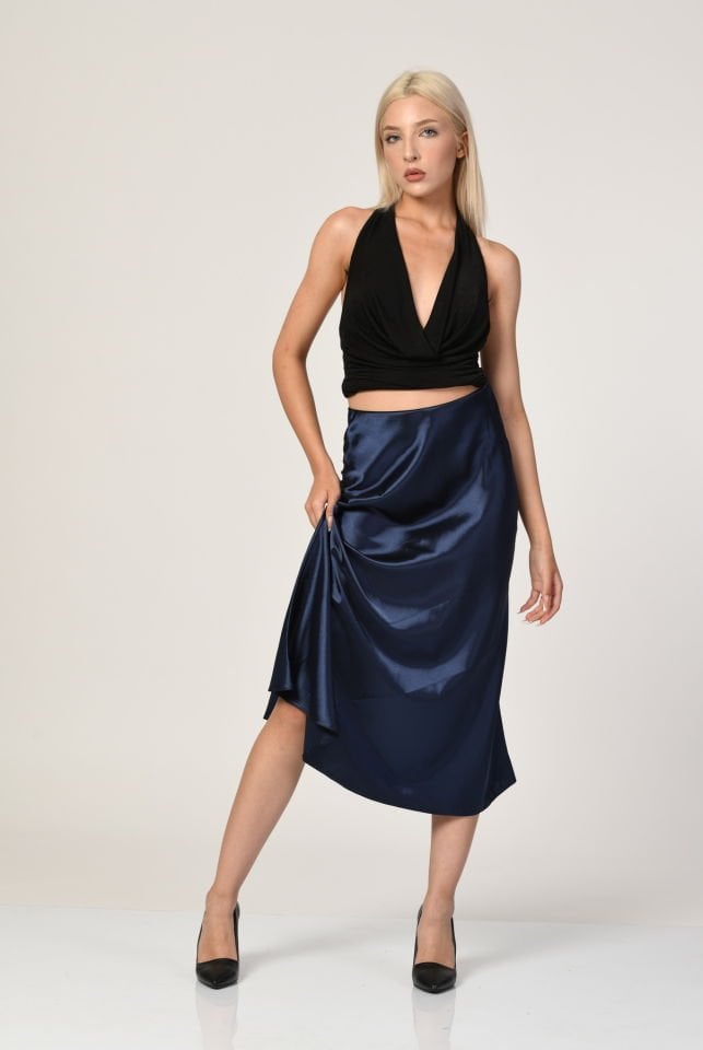 Big Dart Yüksek Bel Saten Etek  - Lacivert