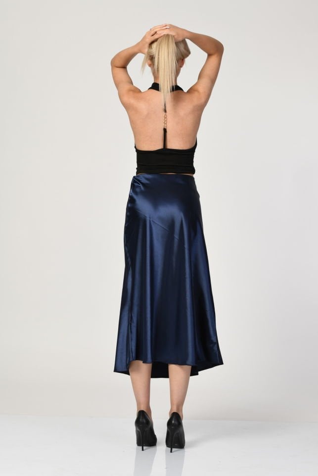 Big Dart Yüksek Bel Saten Etek  - Lacivert