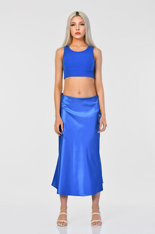 Big Dart Yüksek Bel Saten Etek  - Mavi