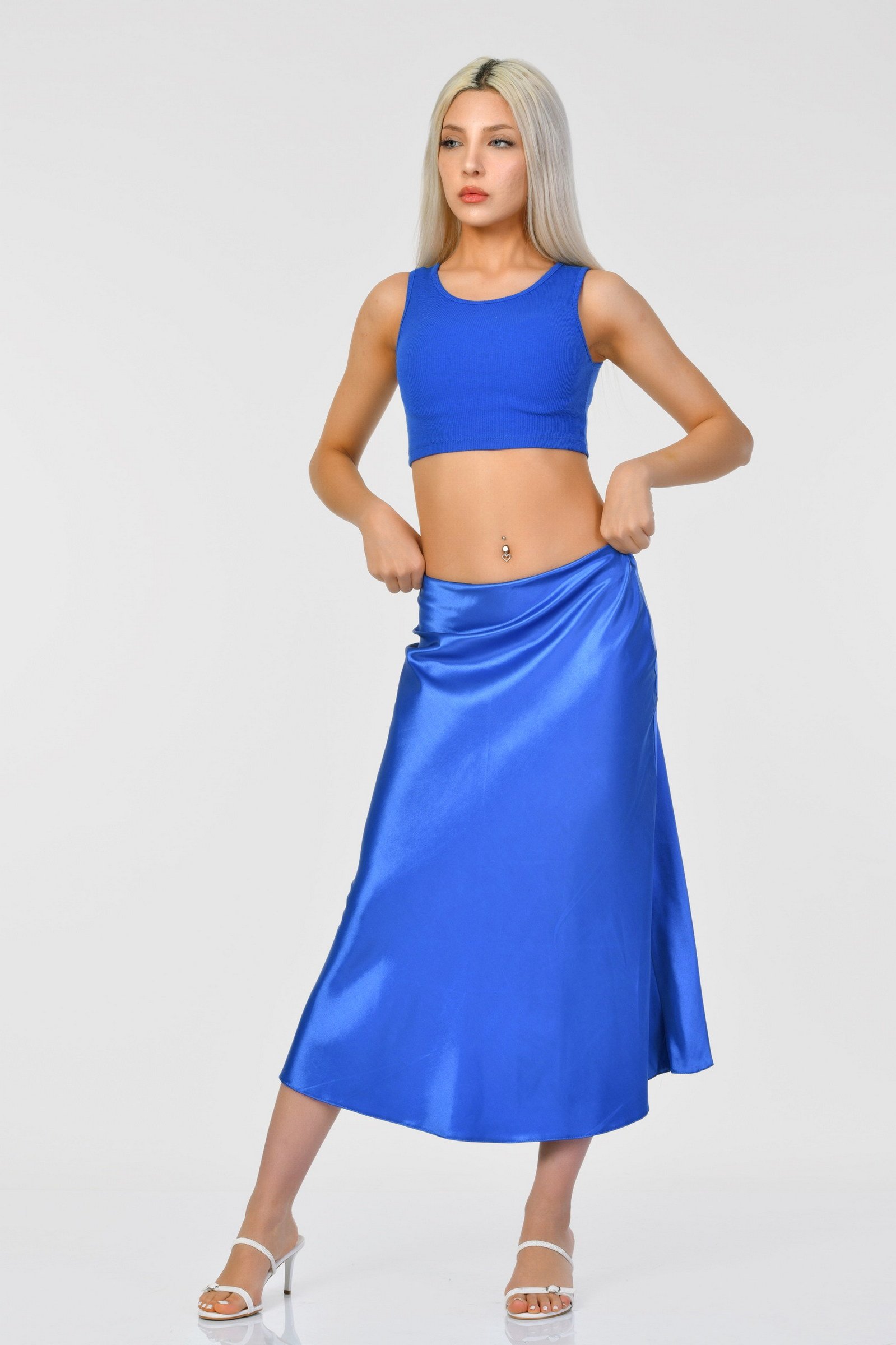 Big Dart Yüksek Bel Saten Etek  - Mavi