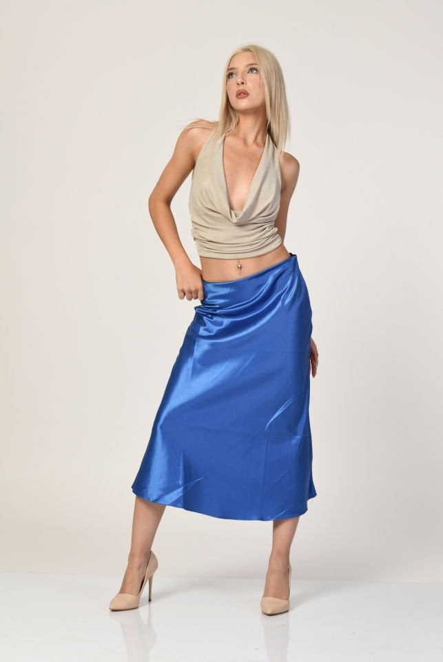 Big Dart Yüksek Bel Saten Etek  - Mavi