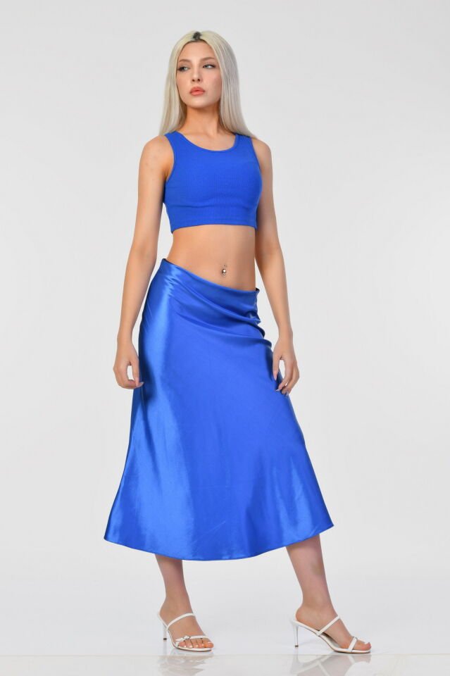 Big Dart Yüksek Bel Saten Etek  - Mavi