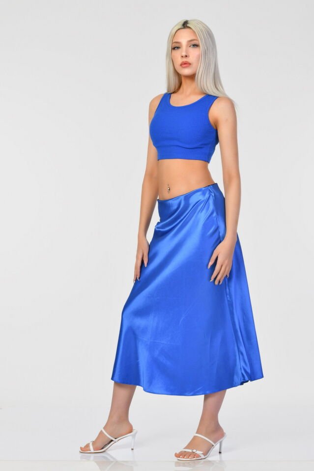 Big Dart Yüksek Bel Saten Etek  - Mavi