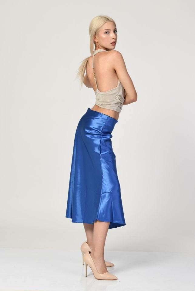Big Dart Yüksek Bel Saten Etek  - Mavi