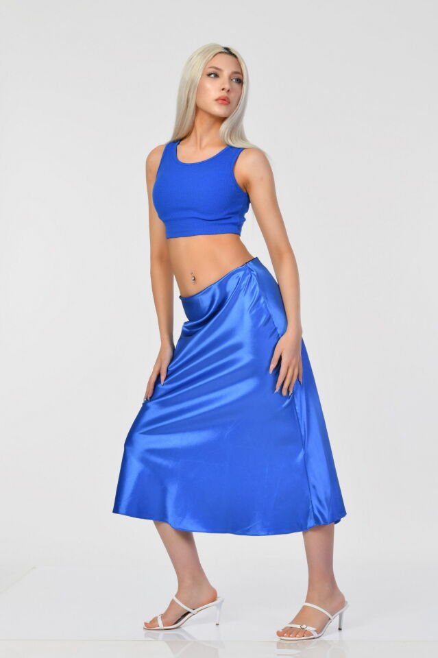 Big Dart Yüksek Bel Saten Etek  - Mavi