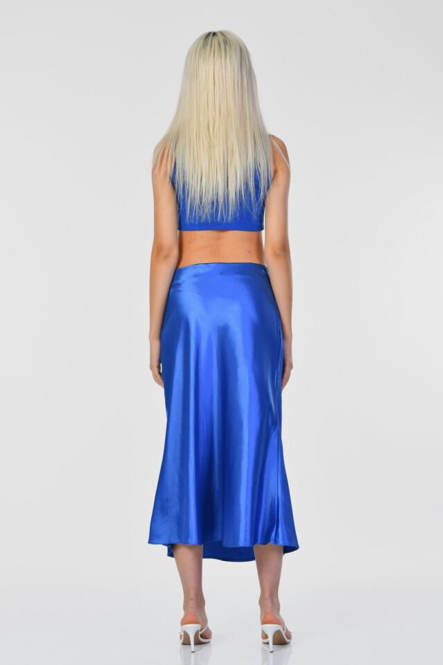 Big Dart Yüksek Bel Saten Etek  - Mavi