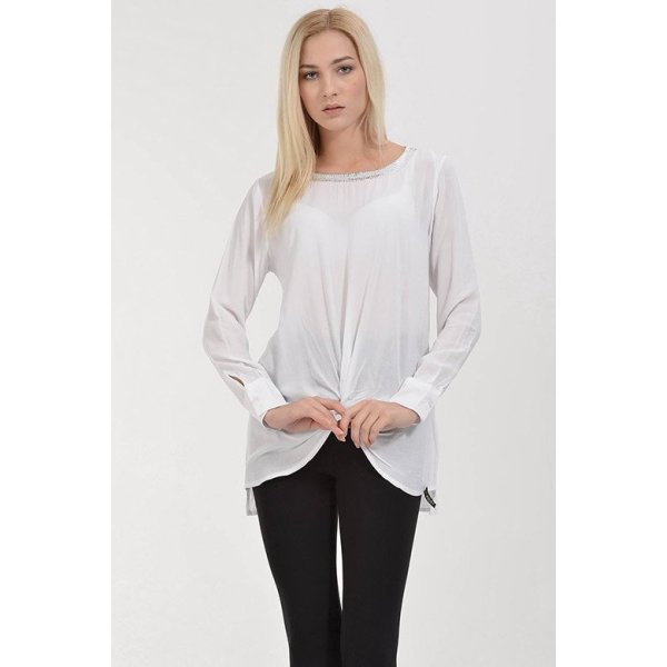 Cotton Candy Önü Düğümlü Yakası Payetli Uzun Kol Kadın Bluz - Beyaz