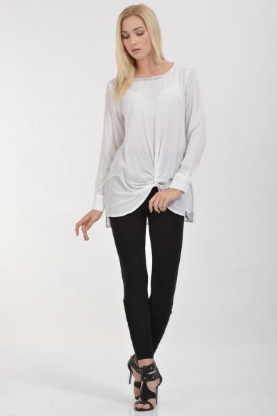 Cotton Candy Önü Düğümlü Yakası Payetli Uzun Kol Kadın Bluz - Beyaz