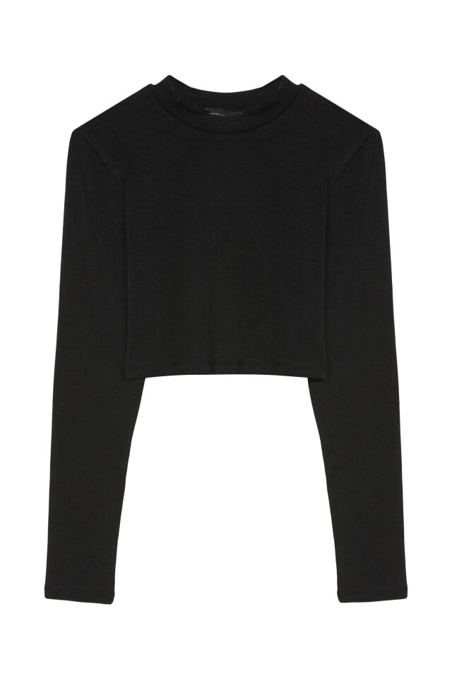 Quzu Uzun Kollu Basic Crop Bluz  - Siyah