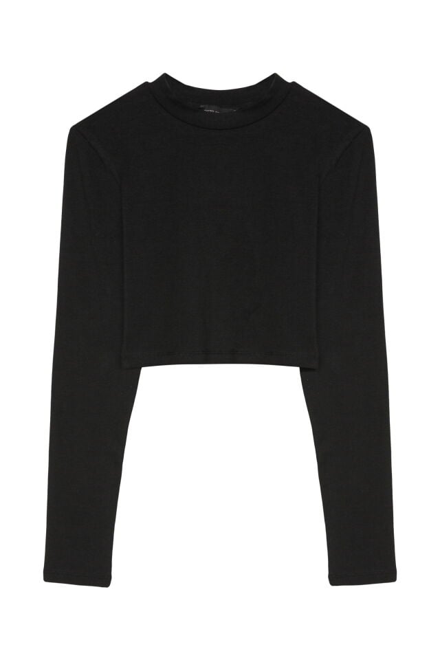 Quzu Uzun Kollu Basic Crop Bluz  - Siyah