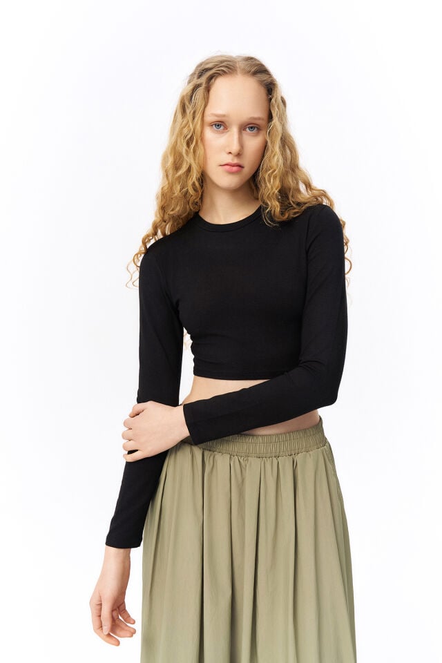 Quzu Uzun Kollu Basic Crop Bluz  - Siyah