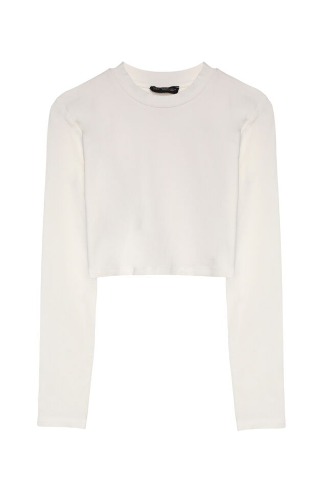 Quzu Uzun Kollu Basic Crop Bluz  - Ekru