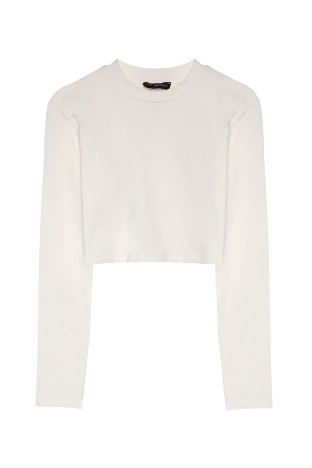 Quzu Uzun Kollu Basic Crop Bluz  - Ekru
