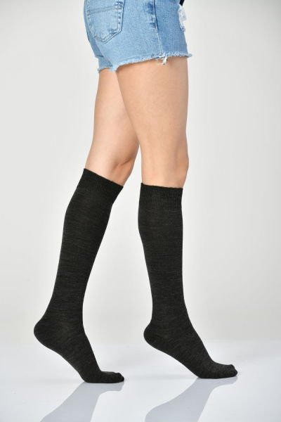 3'Lü Paket Kadın Yün Dizaltı Çorabı Koyu Gri