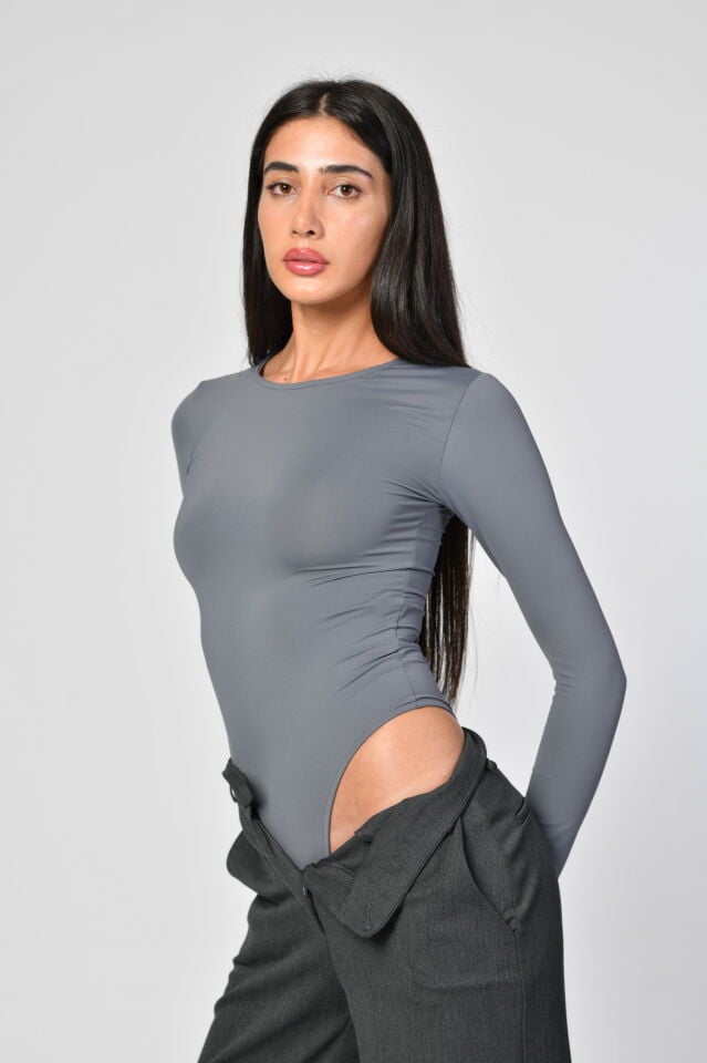 FAF Uzun Kollu Bisiklet Yaka Çıtçıtlı Bodysuit  - Gri