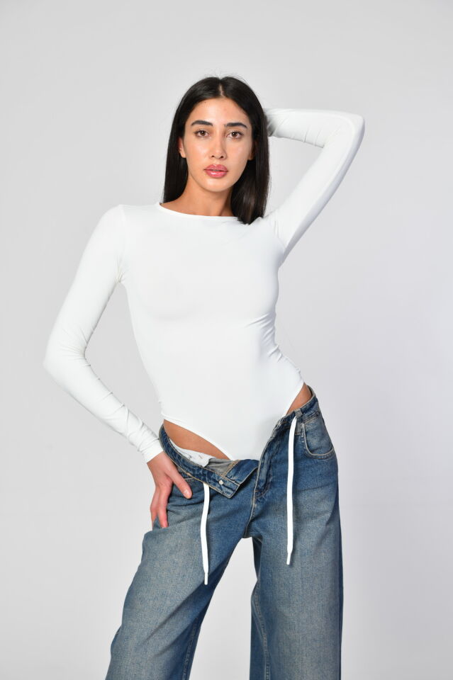 FAF Uzun Kollu Bisiklet Yaka Çıtçıtlı Bodysuit  - Ekru