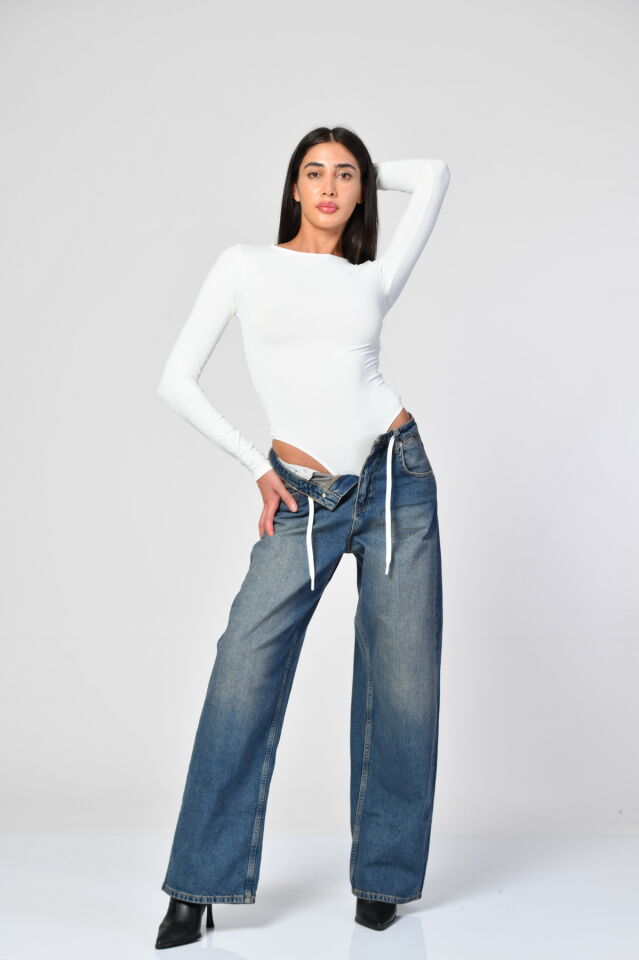 FAF Uzun Kollu Bisiklet Yaka Çıtçıtlı Bodysuit  - Ekru